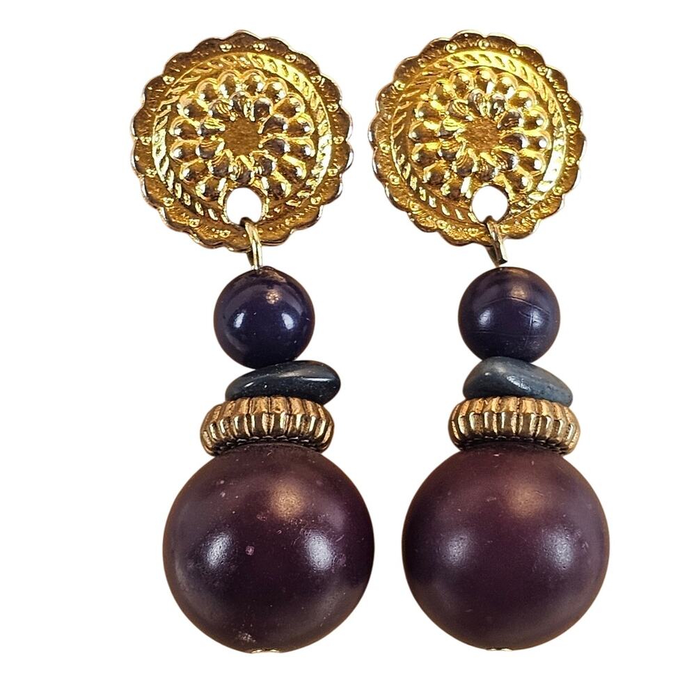 Vintage Style Gold Tone Purple Brown Beaded Dangle Drop Earrings Boho 2"